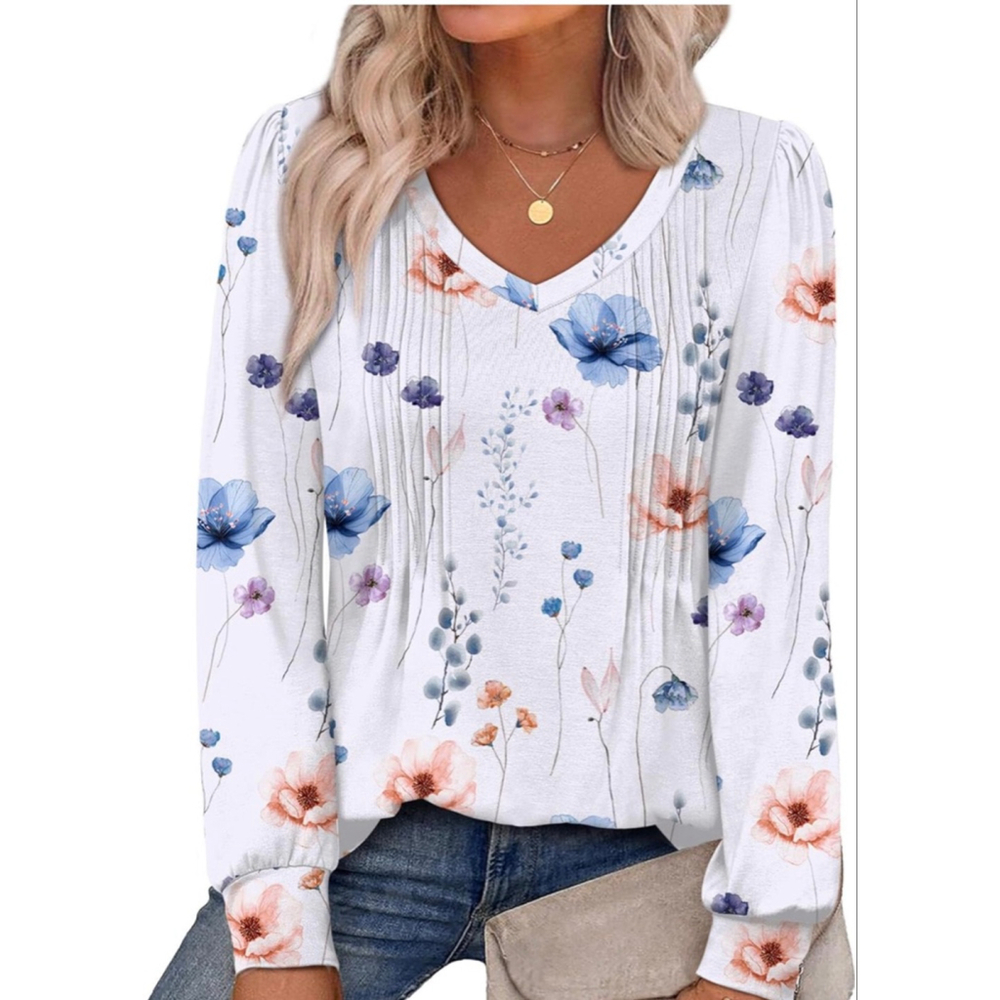 NEW Floral Long Sleeve Shirt Pleated V Neck Curved Hem L